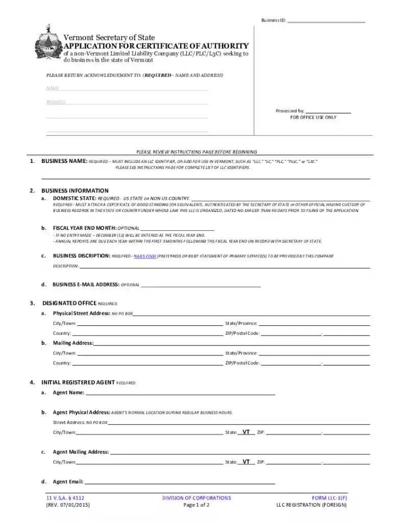 of a non-Vermont Limited Liability Company (LLC PLC L3C) seeking to Preview on Page 1