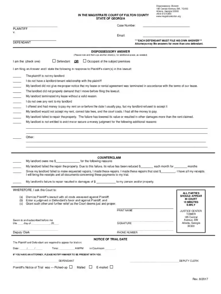fulton county dispossessory answer Preview on Page 1