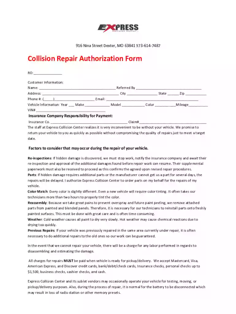 Collision Repair Authorization Form Preview on Page 1