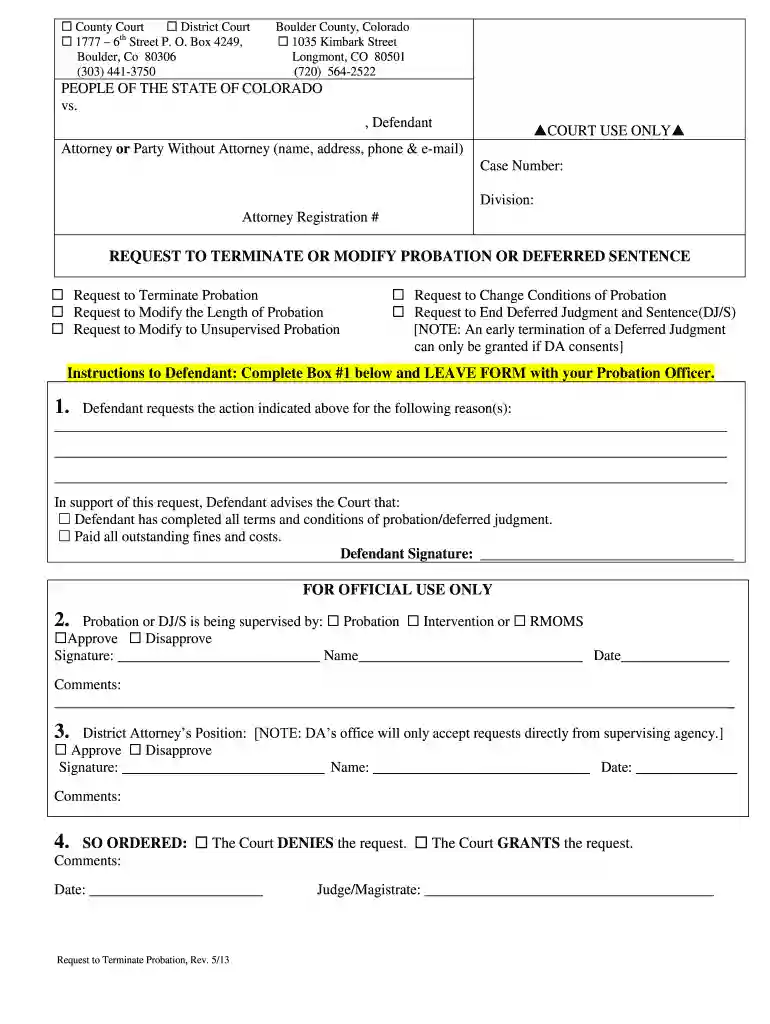petition for early termination of probation form colorado Preview on Page 1