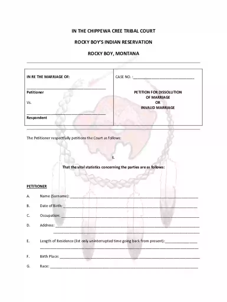 Chippewa Cree Tribal Court Dissolution of Marriage Petition Preview on Page 1
