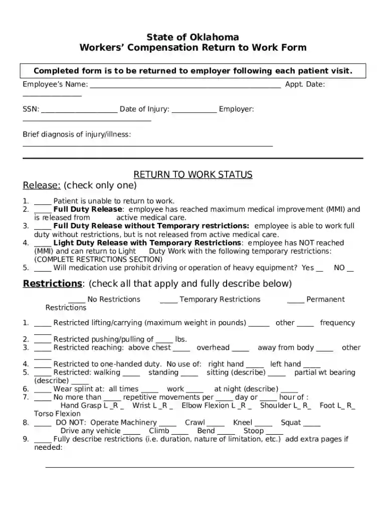 Workers' Comp Return to Work Form - OMES Preview on Page 1