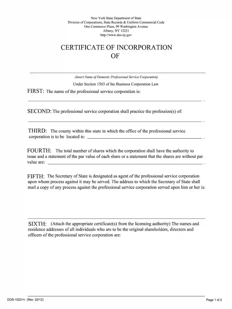 certificate of incorporation of nyc 2012 form Preview on Page 1