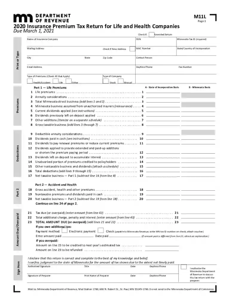 Printable 2020 Minnesota Form M11L (Insurance Premium Tax Return for Life and Health Companies) Preview on Page 1