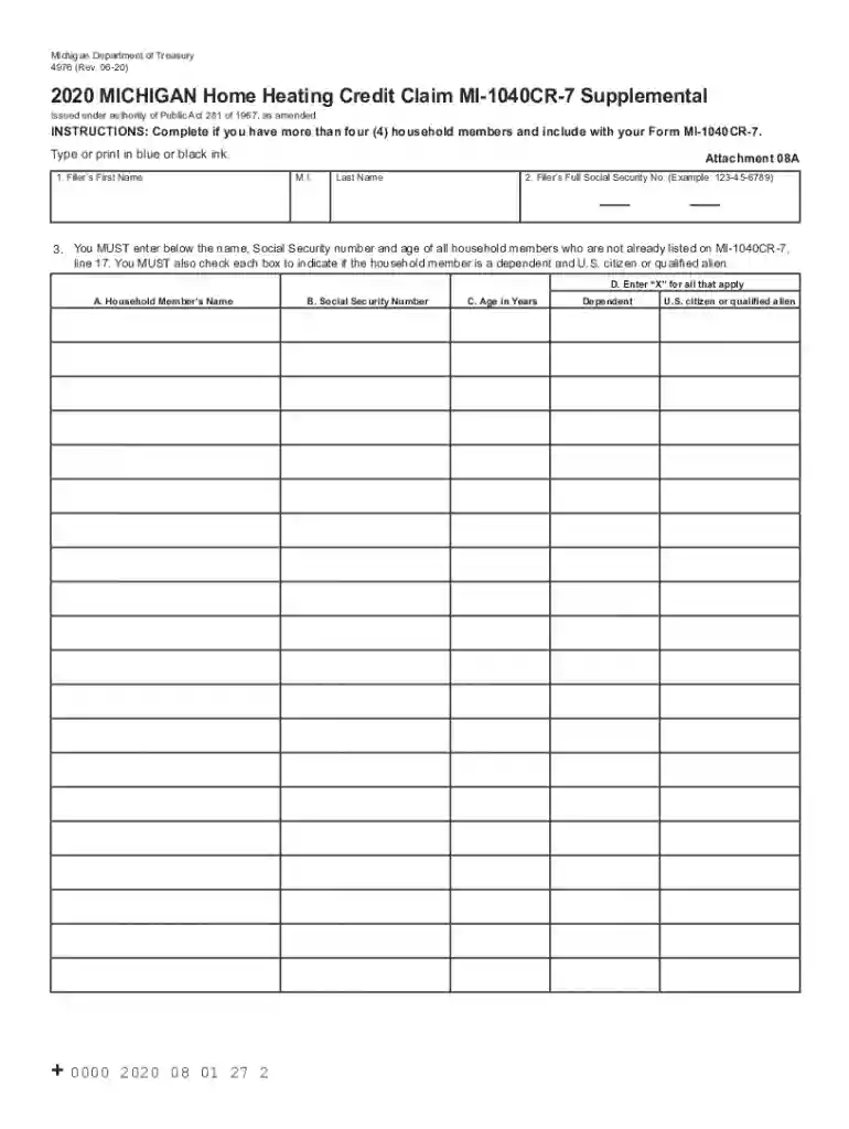 Printable 2020 Michigan Form 4976 (Home Heating Credit Claim Supplemental) Preview on Page 1