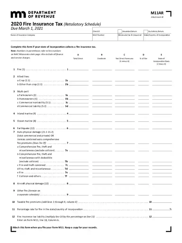 Printable 2020 Minnesota Form M11AR (Fire Insurance Tax (Retaliatory Schedule)) Preview on Page 1