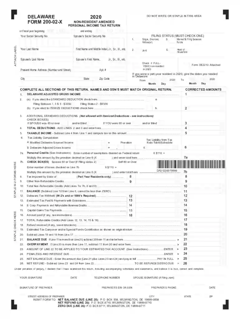 Printable 2020 Delaware Form 200-02X (Non-Resident Amended Income Tax Return) Preview on Page 1