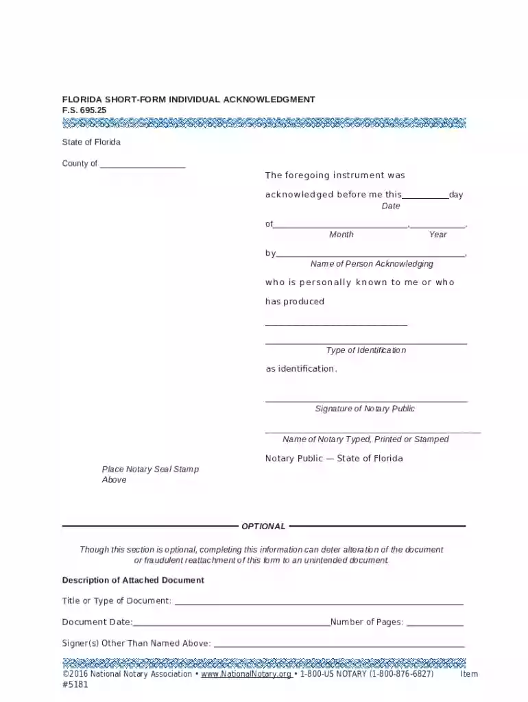Florida Short-Form Individual Acknowledgment Preview on Page 1