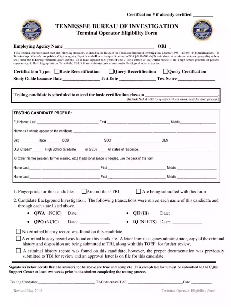 Tennessee Terminal Operator Eligibility Form Preview on Page 1