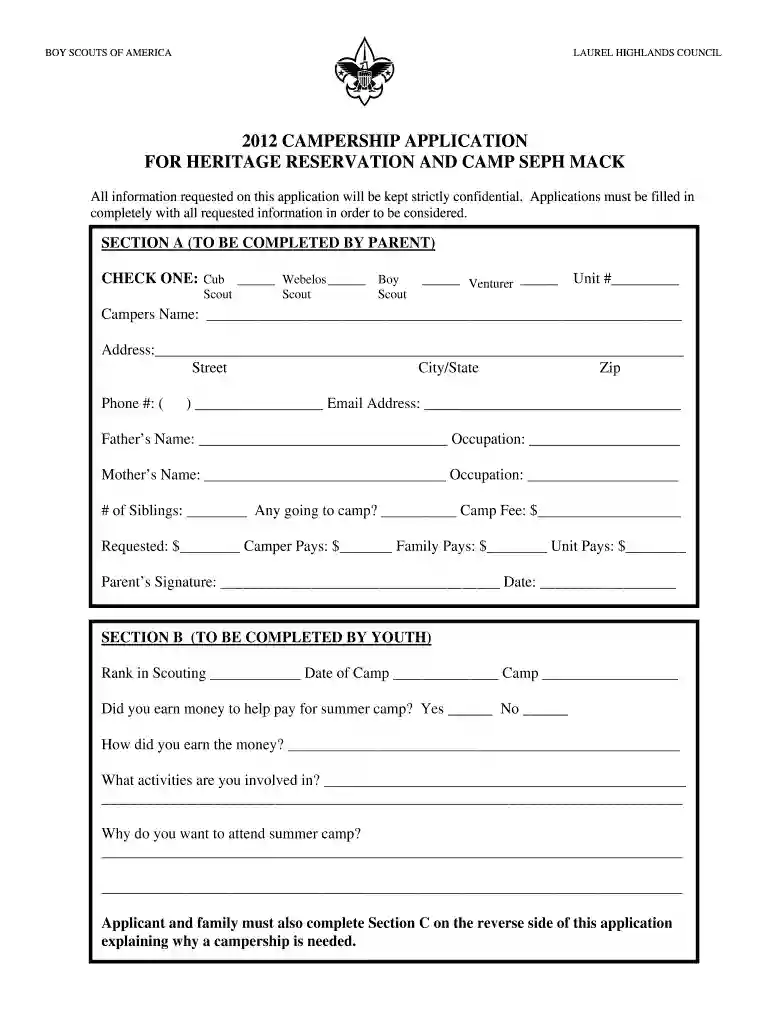 campership applications for seph mack form Preview on Page 1