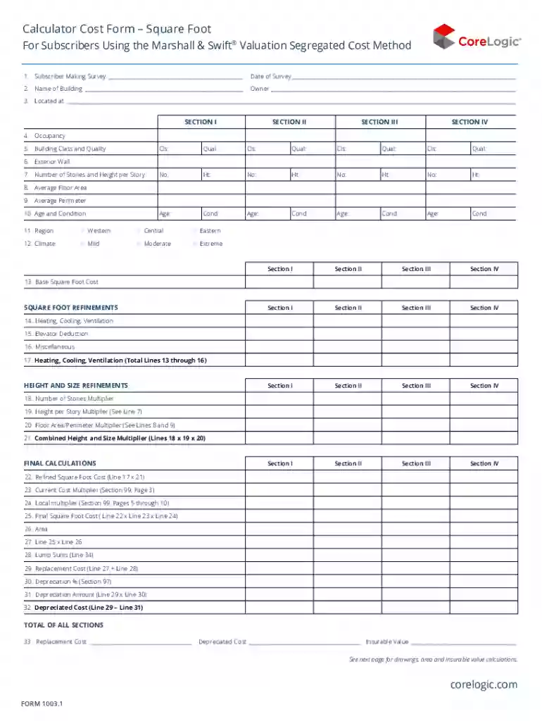 Marshall Swift Calculator Cost Form Preview on Page 1