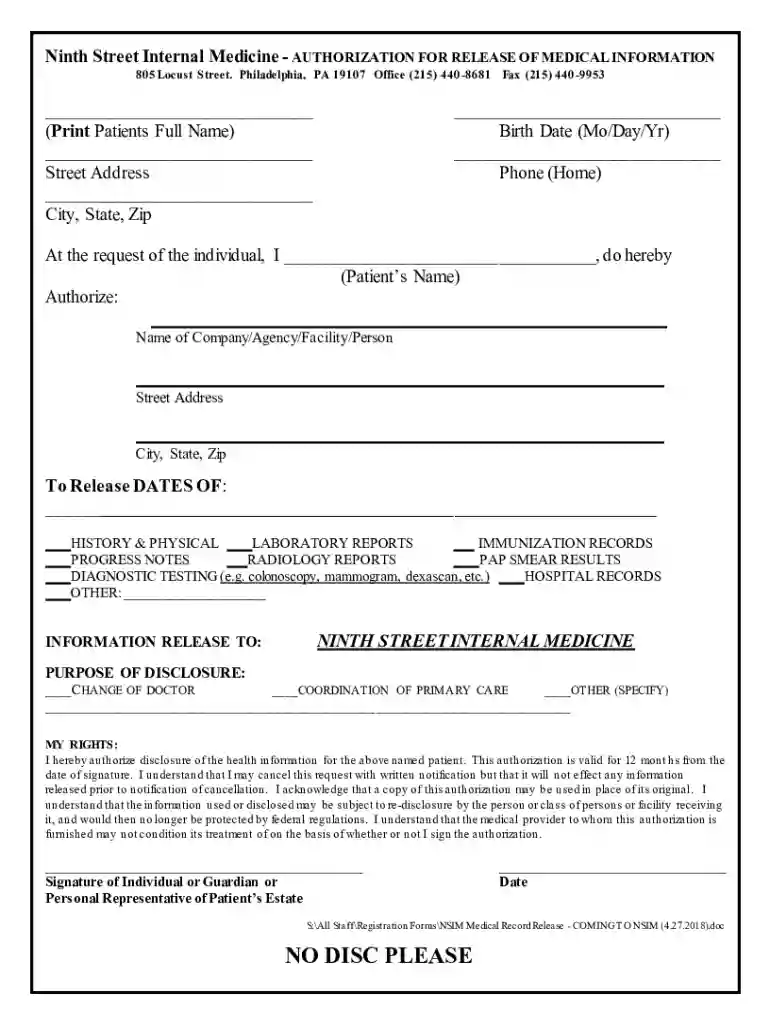 Ninth Street Internal Medicine- AUTHORIZATION FOR RELEASE OF Preview on Page 1