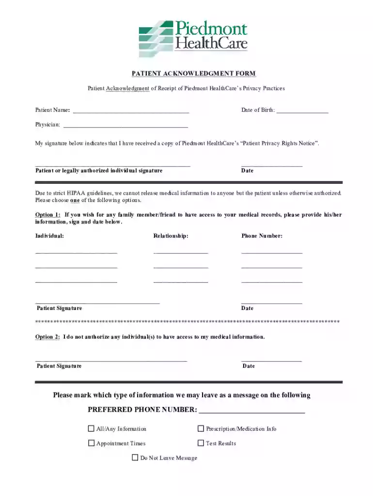 5 23 13 PATIENT ACKNOWLEDGMENT FORM - Piedmont HealthCare Preview on Page 1