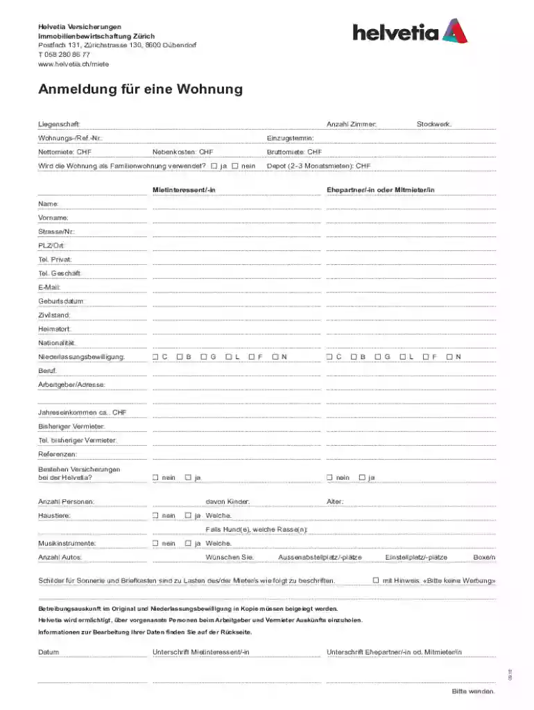 Helvetia Residential Lease Application Preview on Page 1