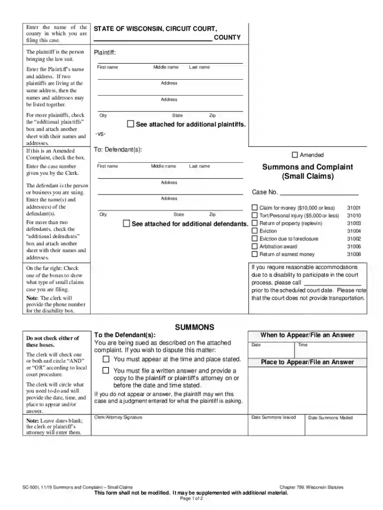 small claims forms wisconsin Preview on Page 1