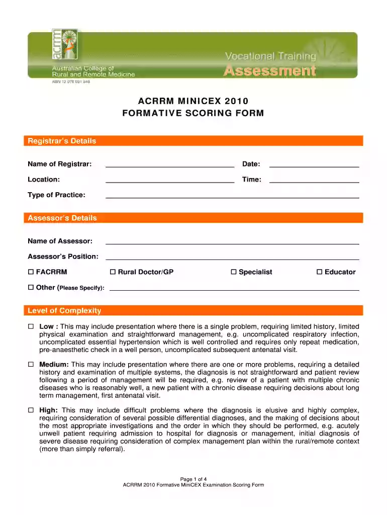 Acrrm minicex 2010 formative scoring form - Australian College of ... - acrrm org Preview on Page 1