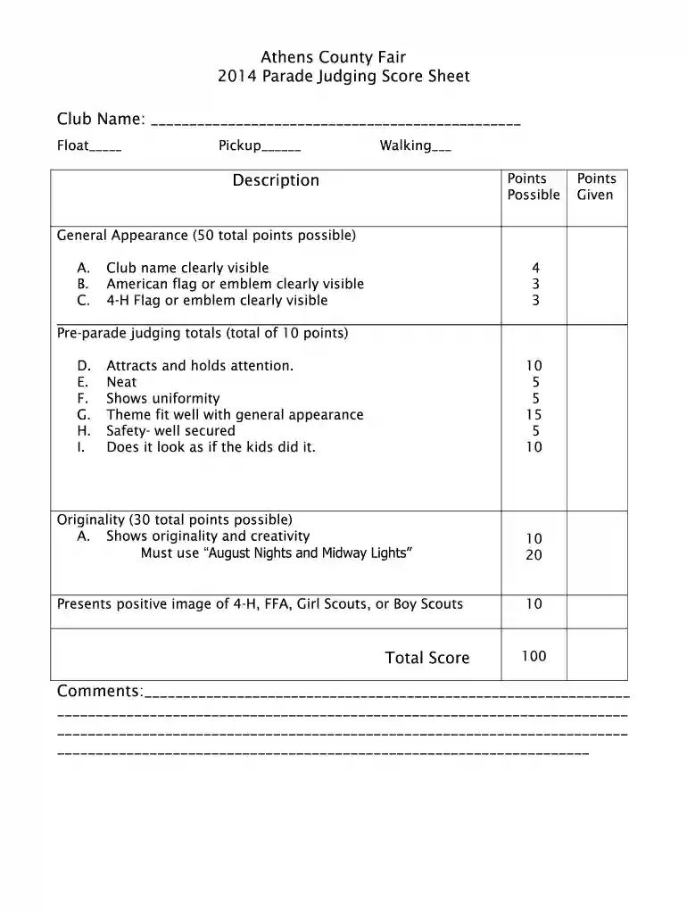 parade judging score sheet Preview on Page 1