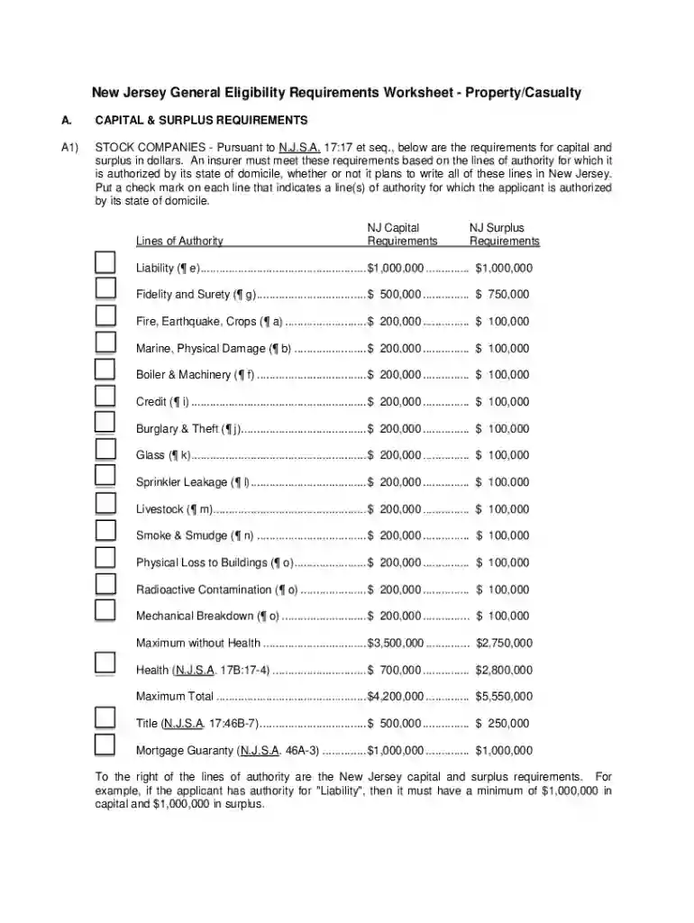 New Jersey General Eligibility Requirements Worksheet Preview on Page 1