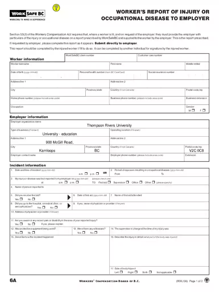 Form 6A, WorkSafeBC Worker's report of injury or occupational disease to employer Preview on Page 1