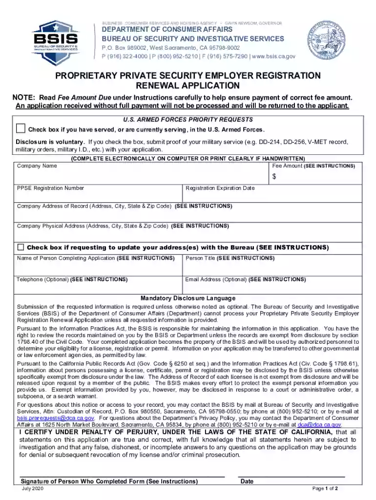 Proprietary Private Security Employer Registration- Renewal Application Proprietary Private Security Preview on Page 1