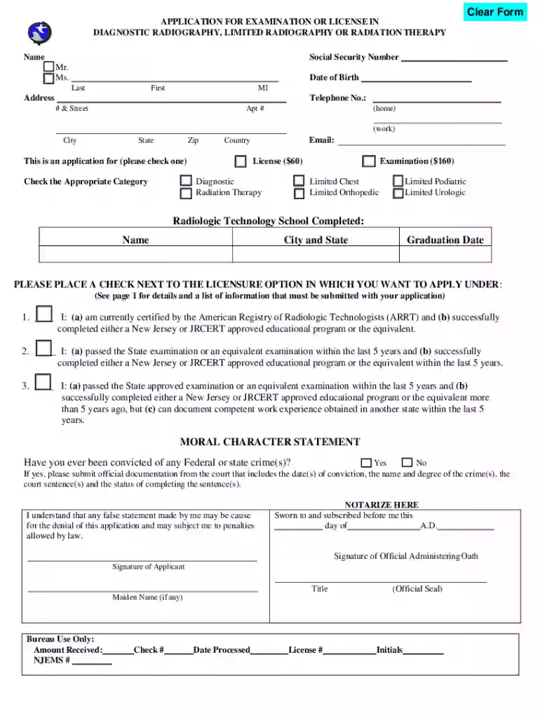 2016 NJ Application for Examination or License in Diagnostic Radiography Limited Radiography or Radi Preview on Page 1