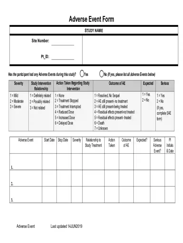 Adverse Event Form Preview on Page 1
