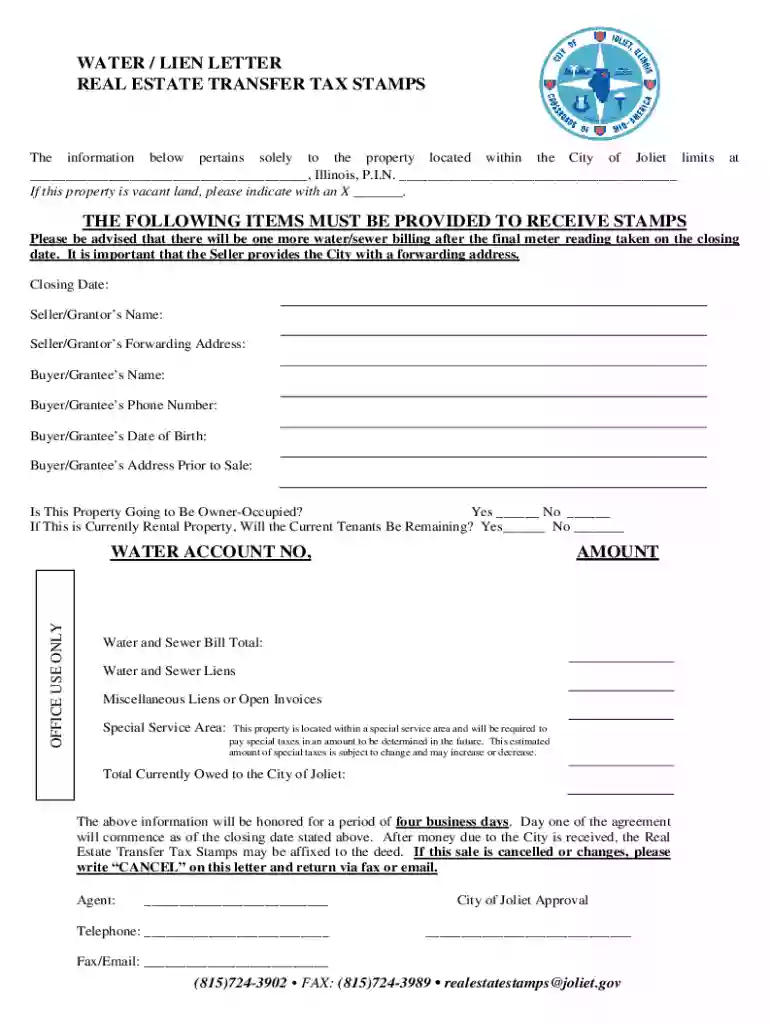 WATER LIEN LETTER REAL ESTATE TRANSFER TAX STAMPS Preview on Page 1