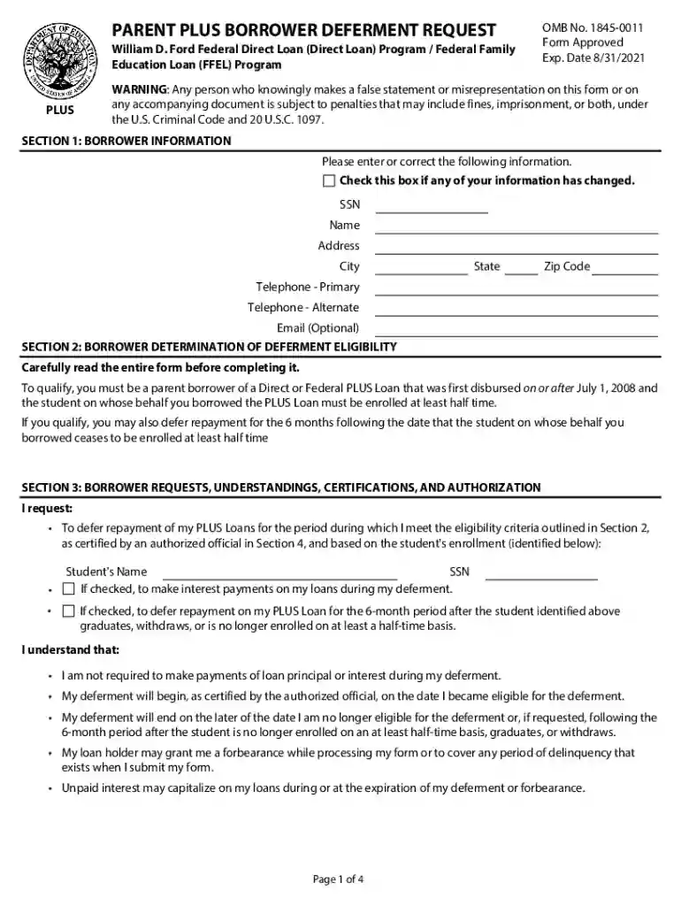 Parent PLUS Borrower Deferment Request - Student AidParent PLUS Borrower Deferment Request - Student Preview on Page 1