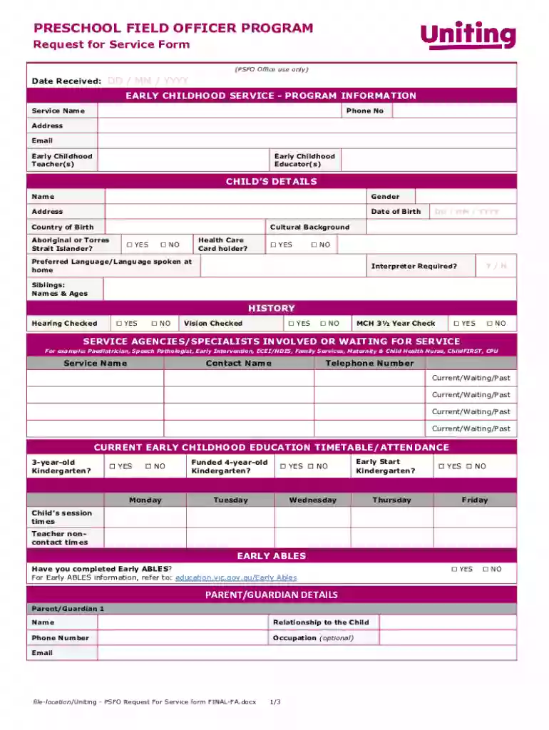 Uniting - PSFO Request for Service Form Preview on Page 1