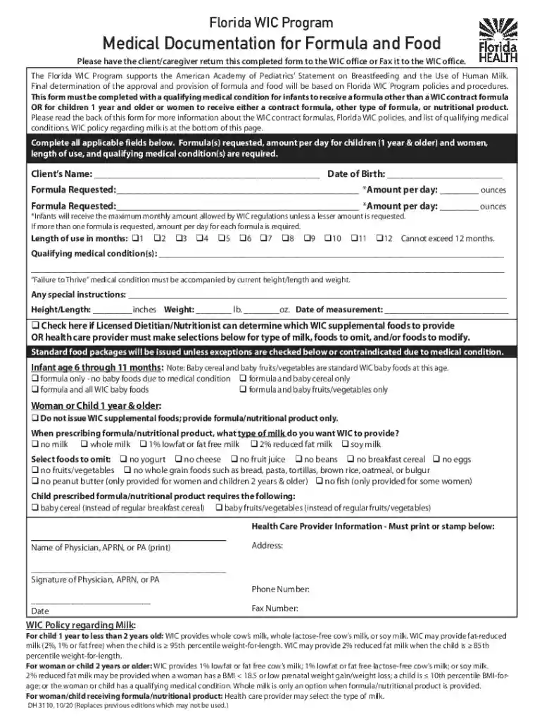 Florida WIC Program Medical Documentation for Formula and FoodMedical Documentation for WIC Formula Preview on Page 1