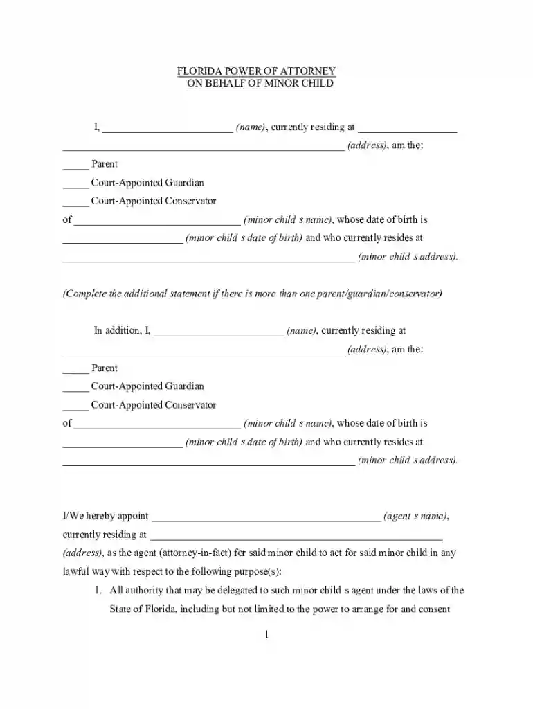 Florida Minor Child Power of Attorney Form Florida Minor Child Power of Attorney Template Preview on Page 1