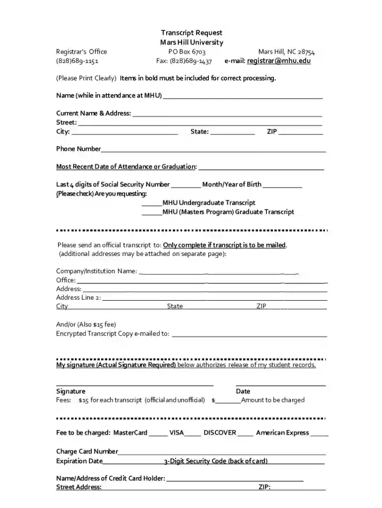 mars hill university transcript request Preview on Page 1