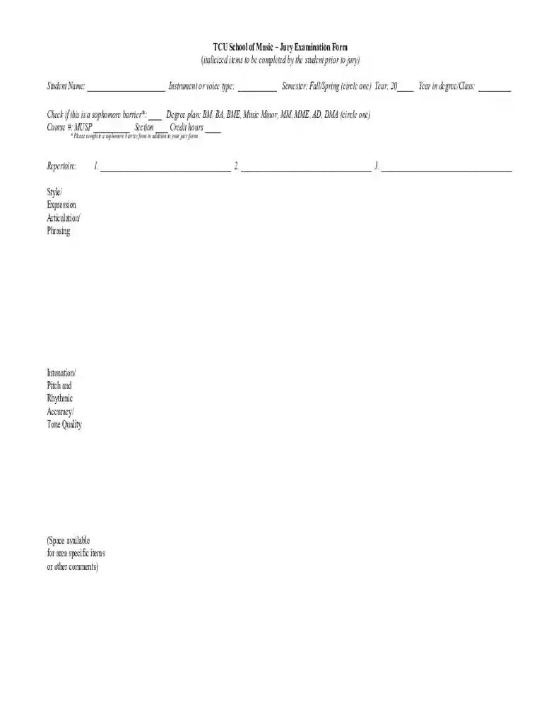 TCU School of Music Jury Examination Form Preview on Page 1