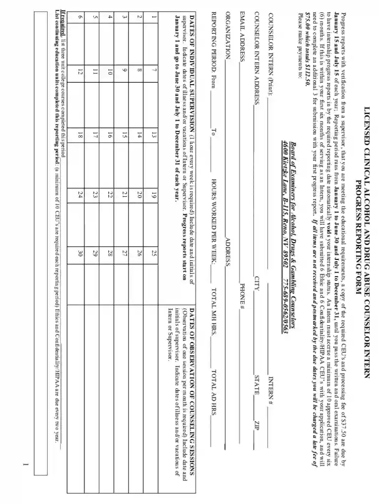 Licensed Clinical Alcohol and Drug Abuse Counselor Intern Progress Reporting Form Preview on Page 1