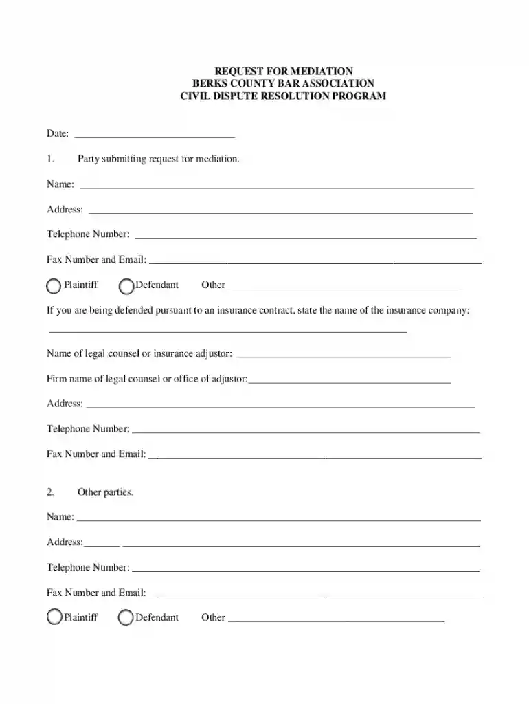 Fillable Online berksbar request for mediation form examples Preview on Page 1