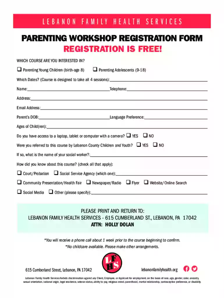 PA Lebanon Family Health Services Parenting Workshop Registration Form Preview on Page 1