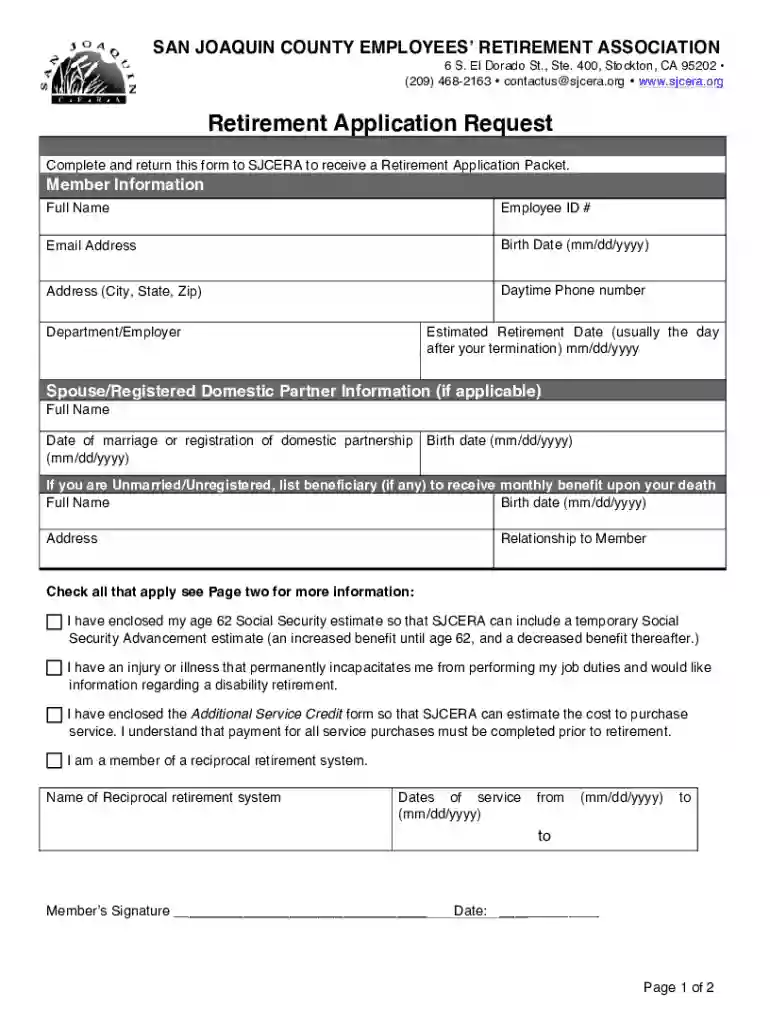 Retirement Application Request Form - SJCERA Preview on Page 1