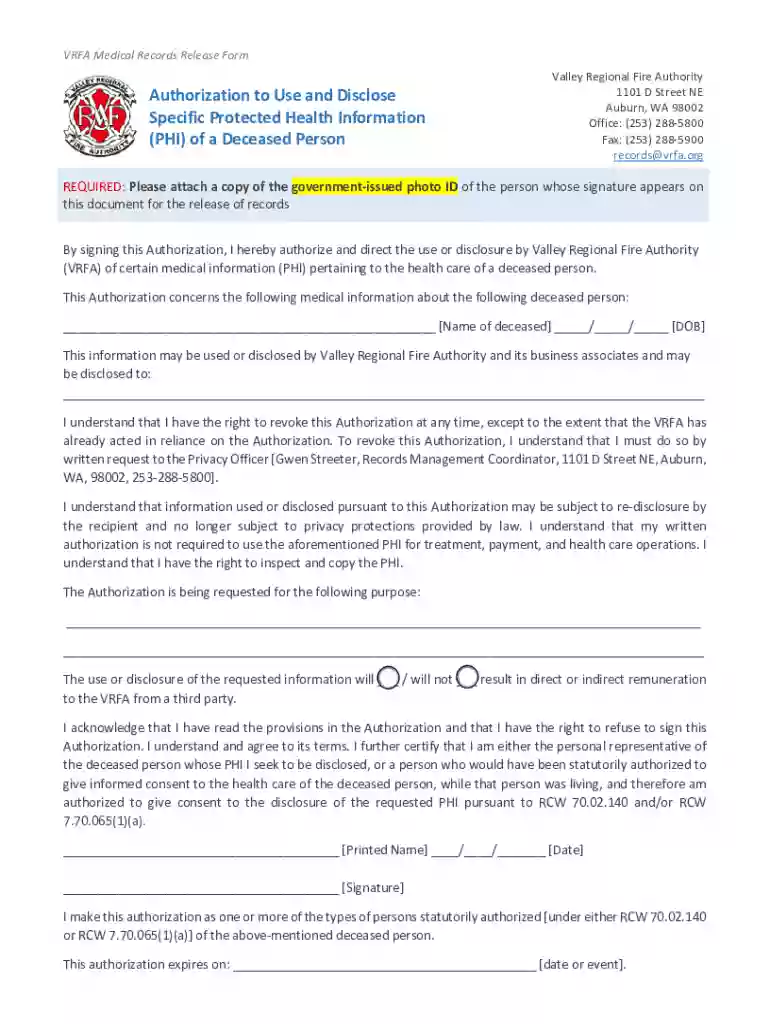 VRFA Medical Authorization Form - Deceased Patient Preview on Page 1