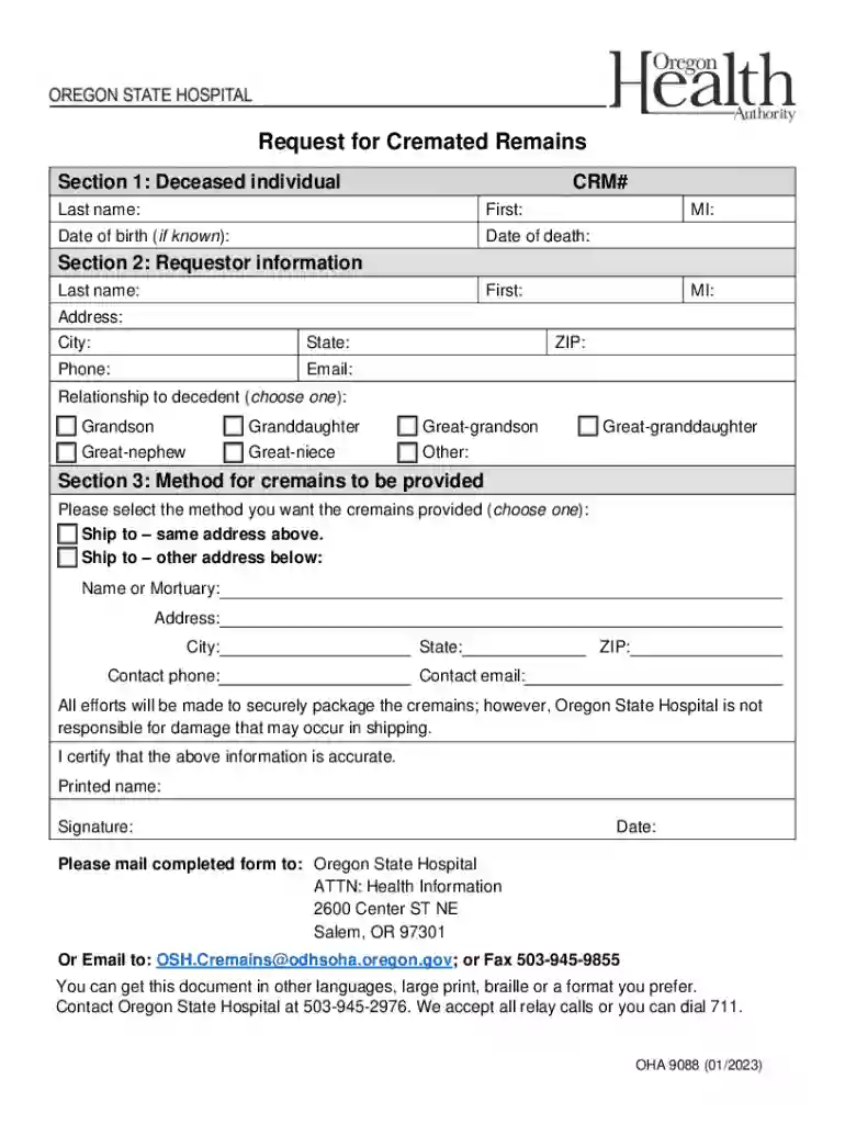 Request for Cremated Remains Preview on Page 1
