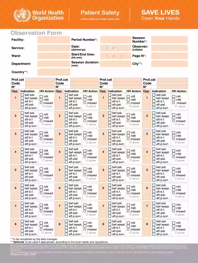 who hand hygiene observation form Preview on Page 1
