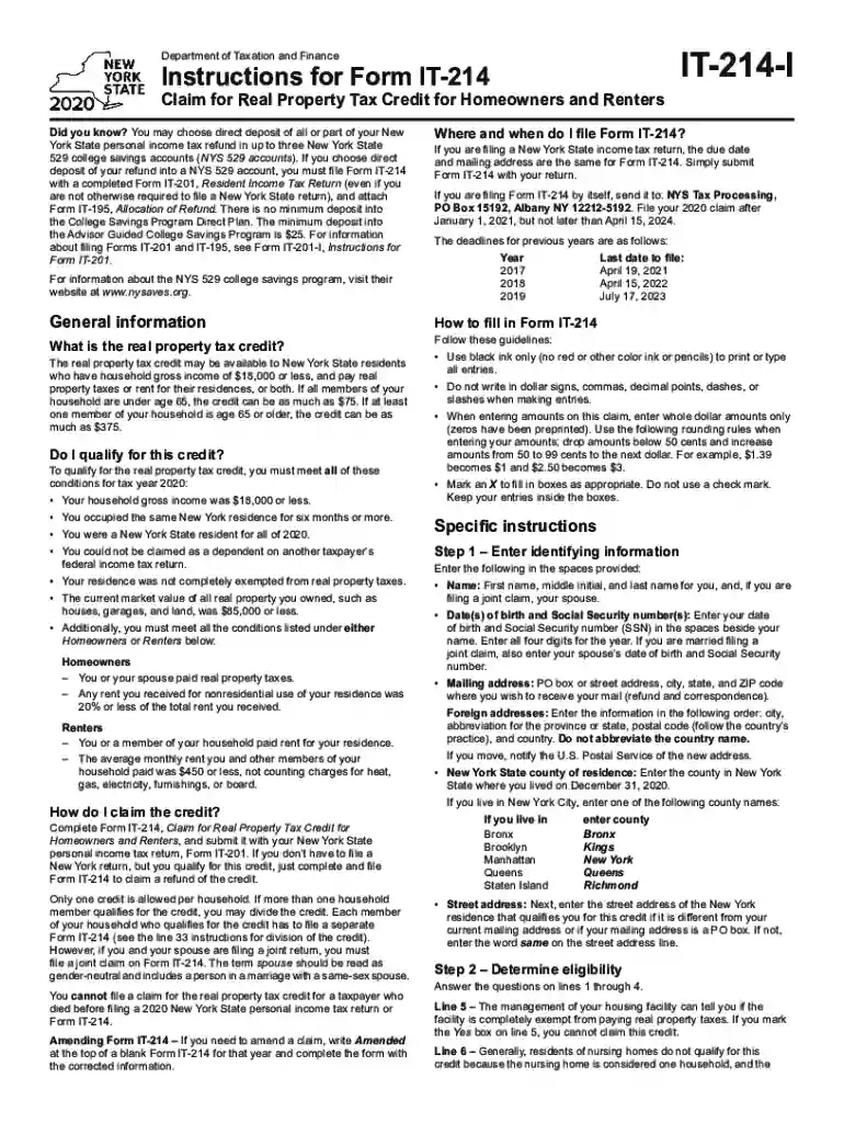 Instructions for Form IT-214 "Claim for Real Property Tax Preview on Page 1