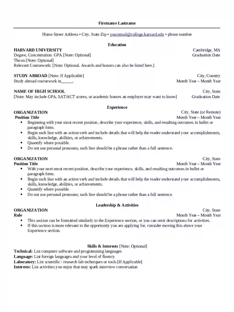 harvard resume template Preview on Page 1