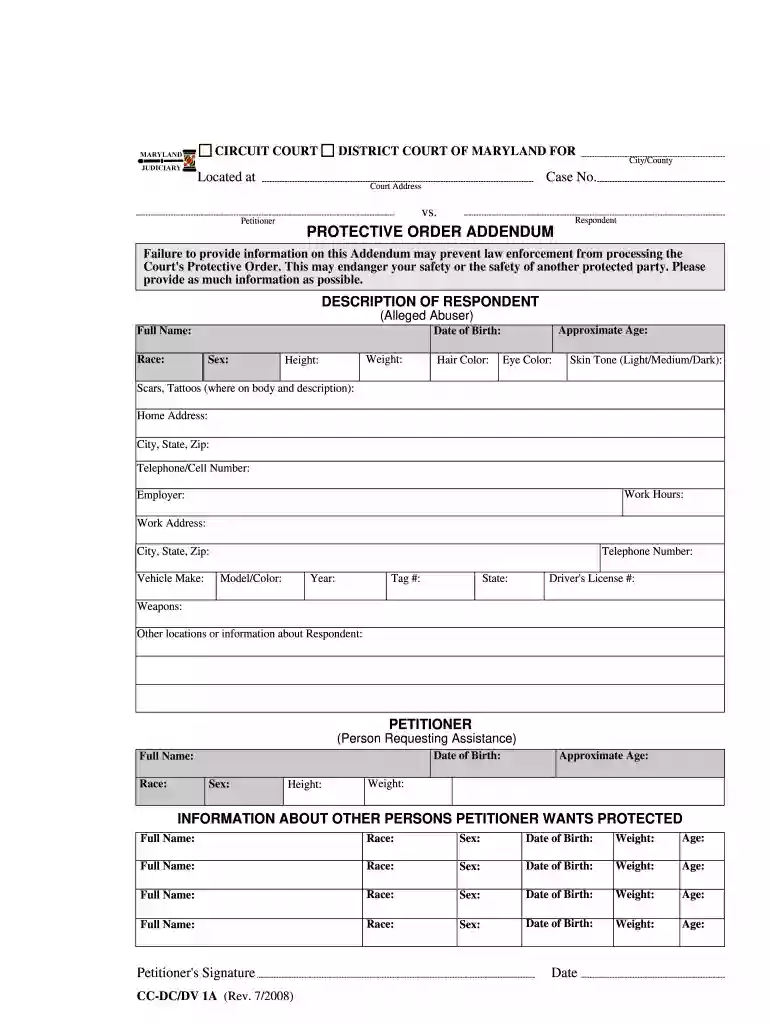 maryland protective order addendum 2008 form Preview on Page 1