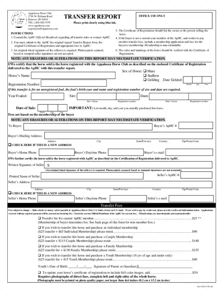 Transfer Of Ownership Form - Appaloosa Horse Club - Fill Preview on Page 1