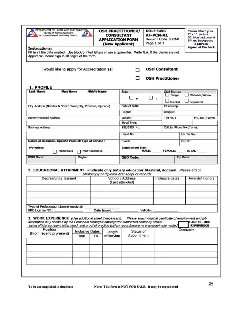 osh practitioner application form Preview on Page 1