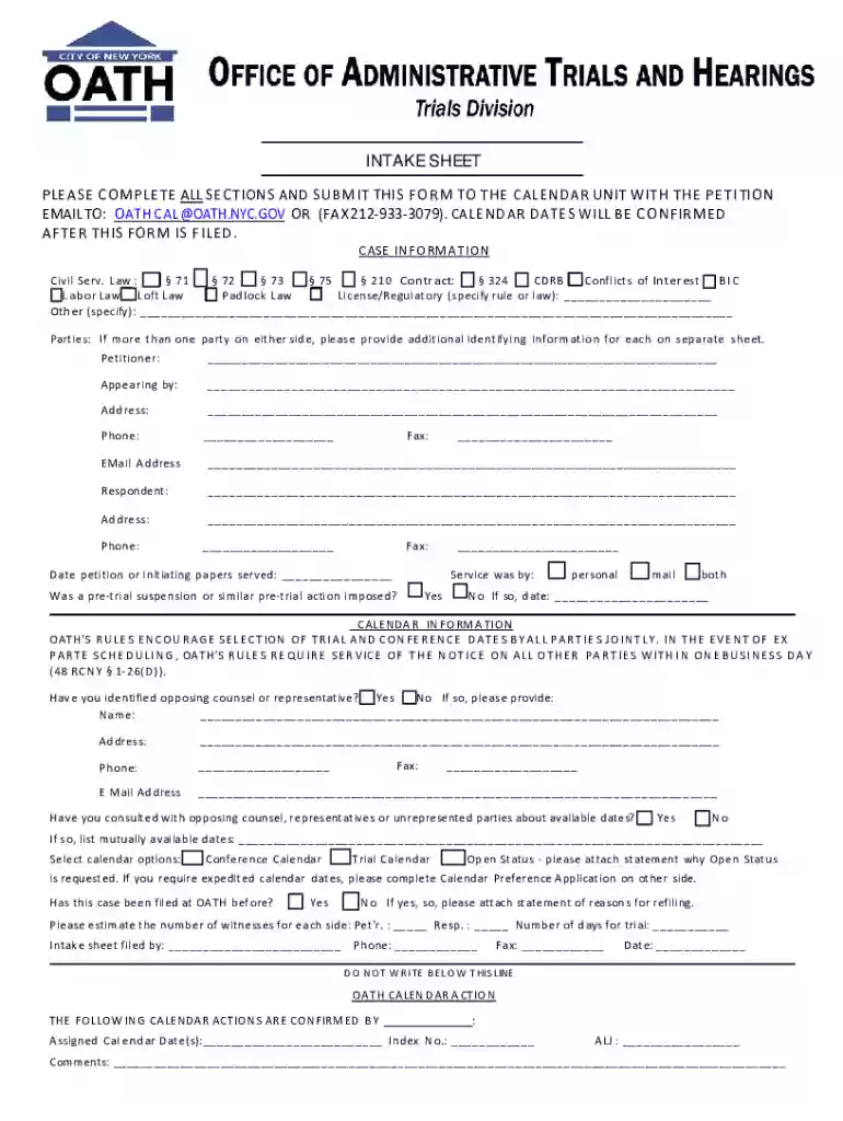 INTAKE SHEET - Welcome to NYC City of New York Preview on Page 1