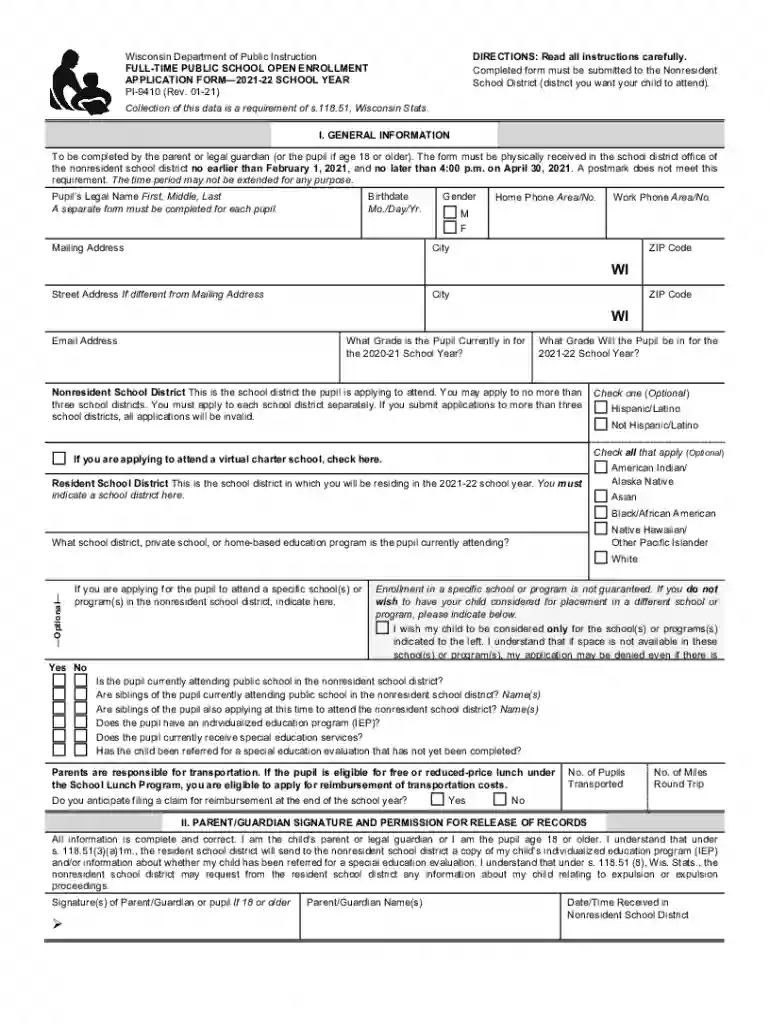 PDF PI-9410 Open Enrollment Application Form - Wisconsin Department Preview on Page 1