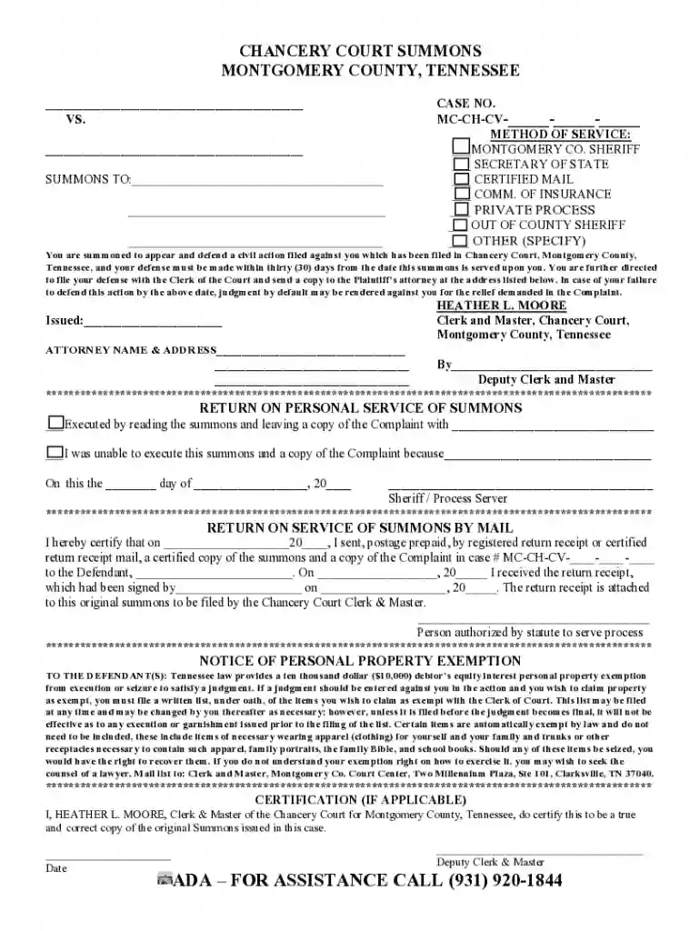 county chancery court summons form Preview on Page 1