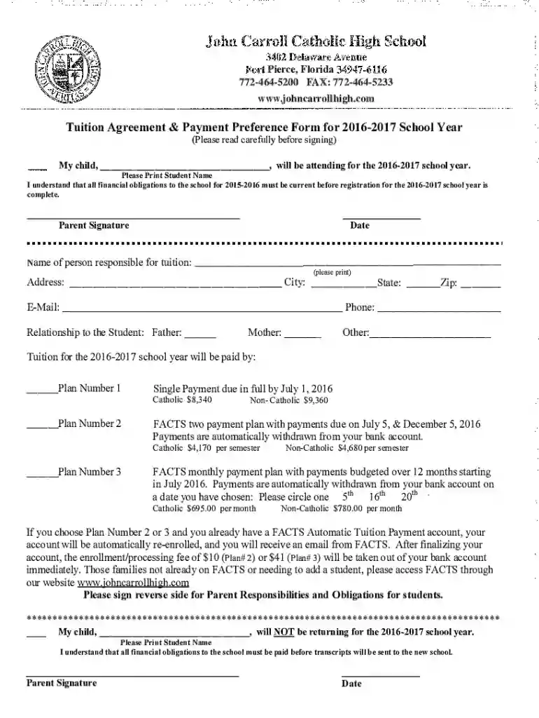 Tuition Agreement & Payment Preference Form for 2015 -2016 ... Preview on Page 1