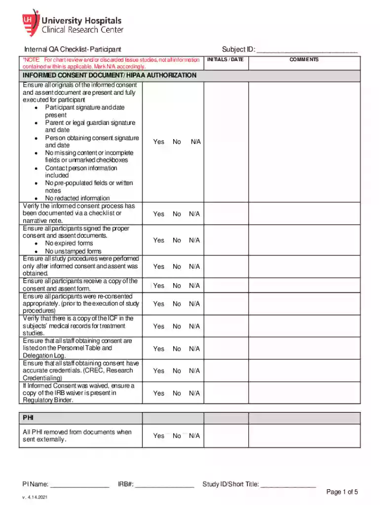 Internal QA Checklist - Regulatory Study ID: IRB#: PI Name: Preview on Page 1